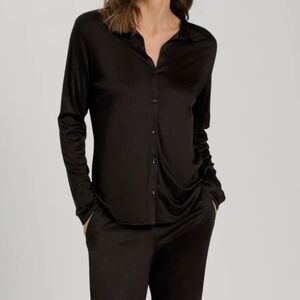 HANRO Grand Central Long Sleeve Silk Blend Button Up Shirt Black Beauty SZ XS